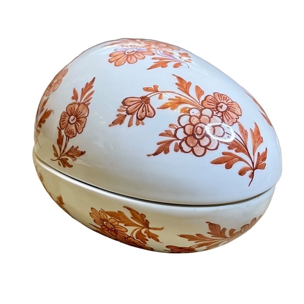 Made In ITALY PORCELAIN Rust-Colored Floral Pattern  EGG Jewelry BOX